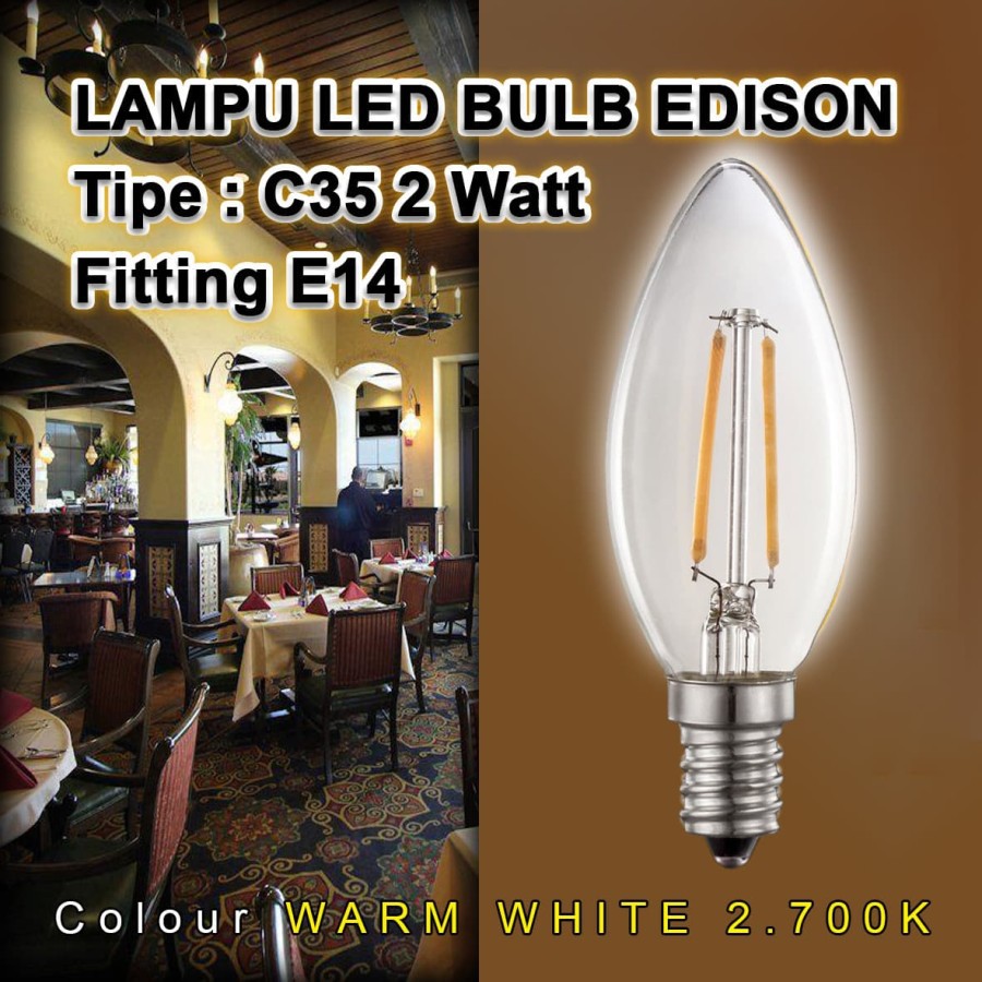 Lampu Bulb LED Filamen Edison Polos Vintage C35 2 Watt/2W Fitting E14