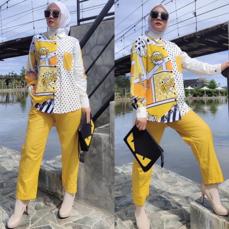 Aura Maxy By Gozzo / Bogania / Setcel / Setelan Celana / Pow Yellow ORI by Meera / Muslimah Branded 