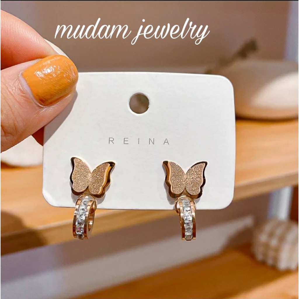 Anting Tusuk Titanium Model Kupu-Kupu Dengan Ring Diamond Warna Rose Gold dan Gold