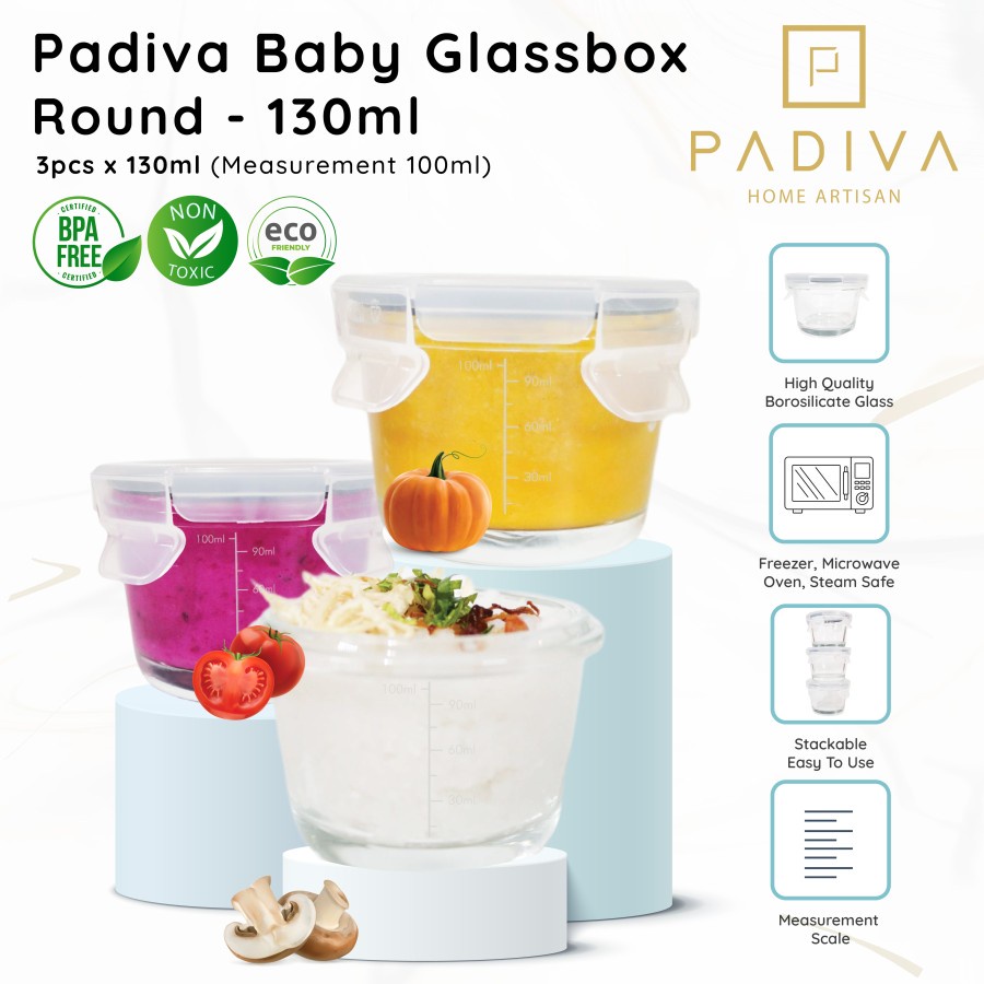 Padiva Baby Glassbox Round 130 ml (3pcs) - Glass Box 130ml Kotak Kaca