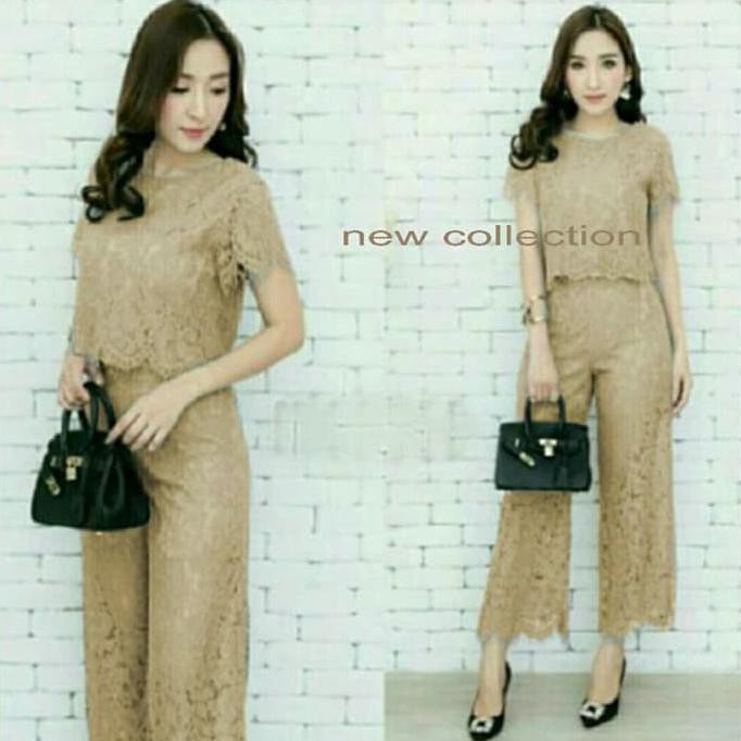 St kulot brukat coksu VESetelan wanita brukat Coklat susu