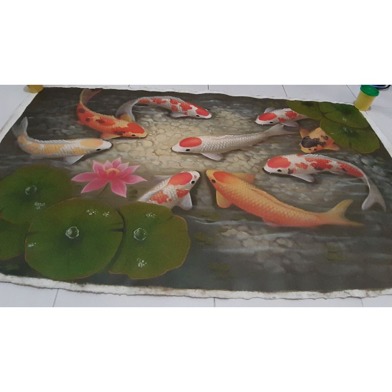 Lukisan Antik Kanvas 9 Ikan Koi  bawa Hoki 120x70