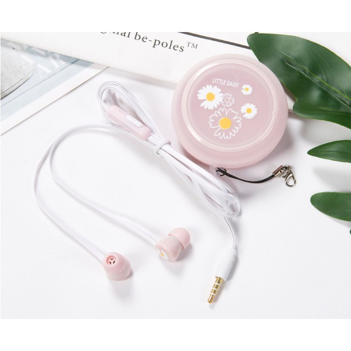 [L-45] Set Headset Earphone LITTLE DAISY / Wadah Earphone Bulat Motif Bunga DAISY Melati Putih Unik