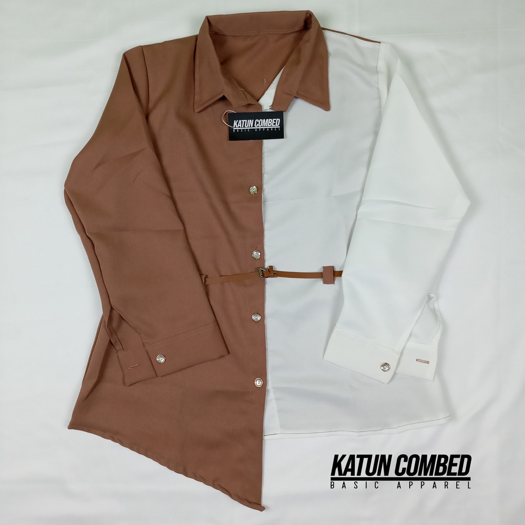 Kemeja Wanita Atasan Blouse Casual Polos Kombinasi Lengan Panjang Korean Style Model Ikat Pinggang-Cream