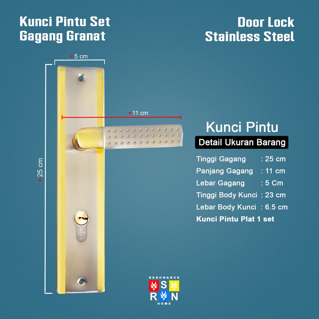 Kunci Pintu Besar Gagang Granat GOLD / Silinder Full Set Resonance Home