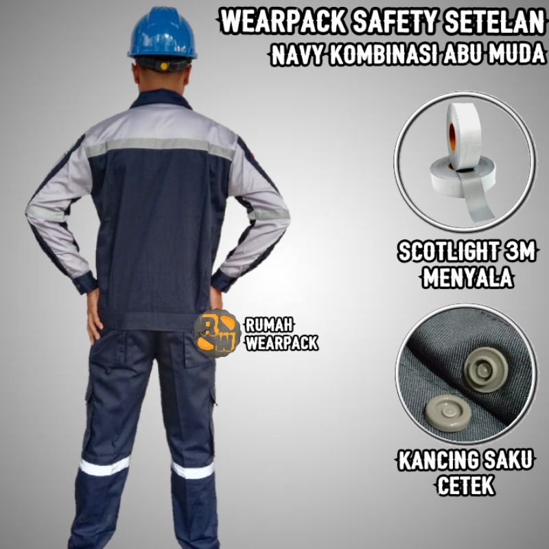 Setelan Wearpack Safety dan Celana Safety Warna Navy Kombinasi Abu Muda