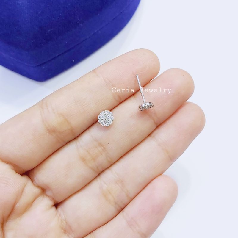 Giwang Tusuk Perak Asli Silver 925 Lapis Emas Putih Model Bulat Permata Full - Perhiasan Perak Wanita