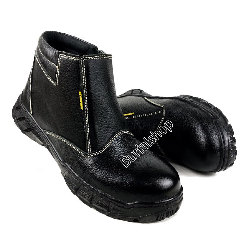 Sepatu Safety Pria Kulit Sapi Asli Original Ujung Besi Baja Safty Shoes Septi Proyek Sefty Lapangan Industry Tanpa Tali Slop Selop Spatu Kitchen Zipper Boots BS