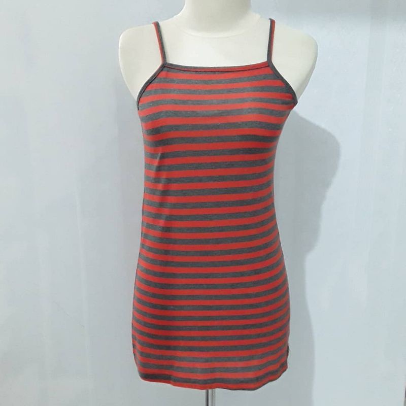 kaos tank top wanita panjang stripe orange abu