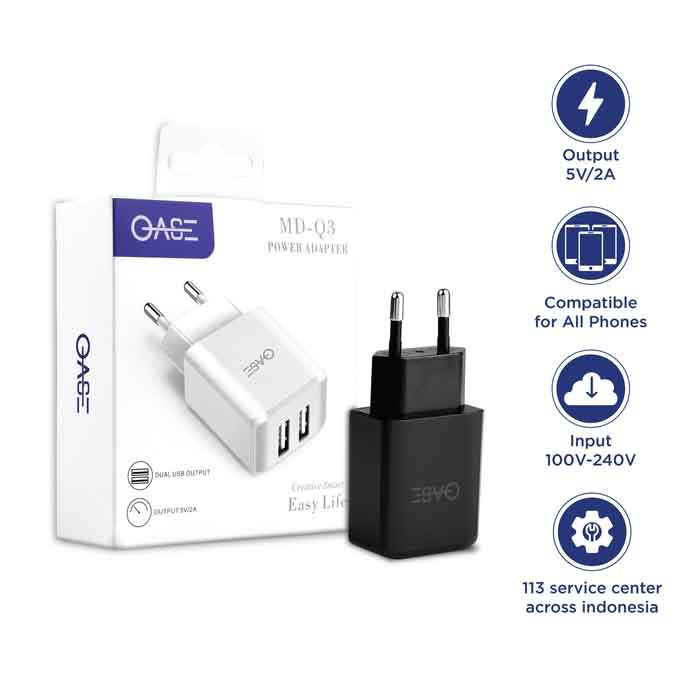 Kepala Charger OASE Power Adapter MD-Q3 Dual USB Fast Charging 5V/2A - Original Garansi Resmi