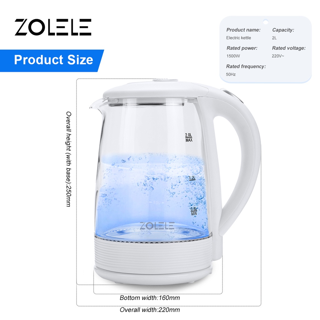 ZOLELE Kettle Listrik 2L Electric Water Heaters Tea Dispenser Pot Air Panas Thermos Kettles Boiling Tahan Pemanas Air Panas Teko Daya Tinggi Anti Panas Isolasi Panas Kettle Listrik ZH101