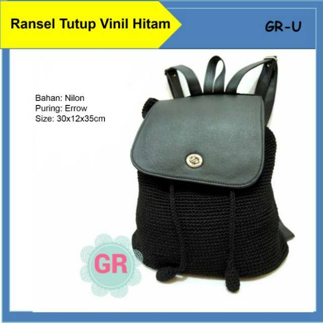 Tas Rajut Ransel Wanita Hitam Tutup Vinil Backpack Punggung Fashion murah