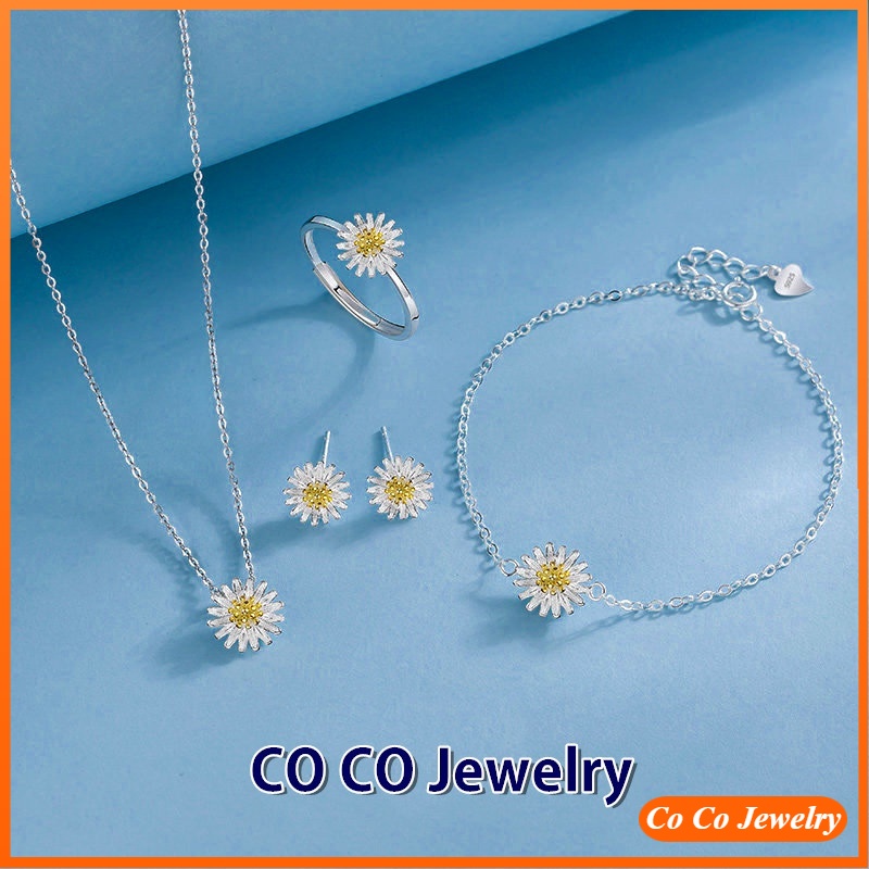 Kalung Cincin Gelang Fashion Daisy Flower Silver Necklace Ring Bracelet Women Jewelry Set Accessories Gifts