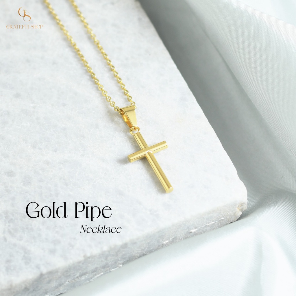 Grateful - Kalung Salib Gold Pipe (Cross necklace Stainless Steel) (ANTI KARAT) (FREE POUCH)