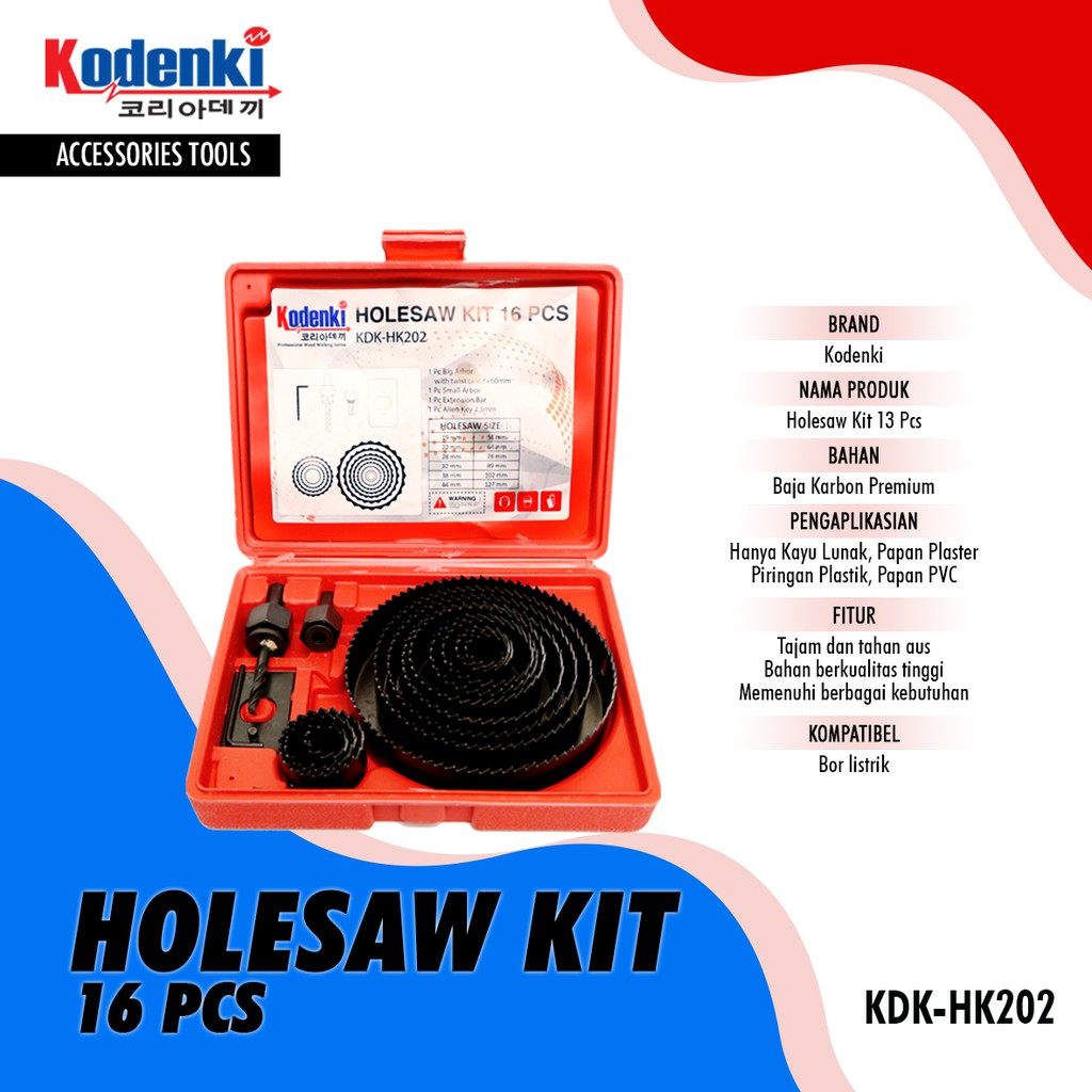 KODENKI K8116 Holesaw Set Kit 16 Pcs - Hole Saw Mata Bor Pelubang Kayu Hidroponik