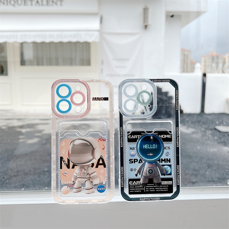 Soft Case Pelindung Lensa Transparan Desain Astronot Kartu Untuk iPhone 12 13 Pro MAX 11 X XR XS MAX 7 8 Plus