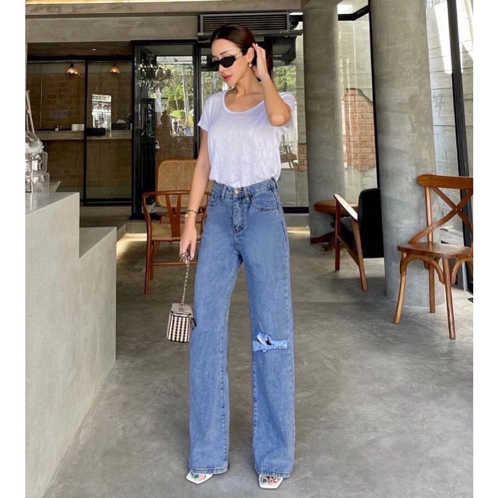 TRIVELA Celana Panjang Kulot Jeans Highwaist Sobek Long Bf Ishika Loose Jeans / Laurent Highwaist Loose Jeans