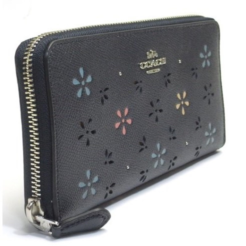 Coach Long Accordion Wallet Women Leather Floral Perforated Midnight (F31146)