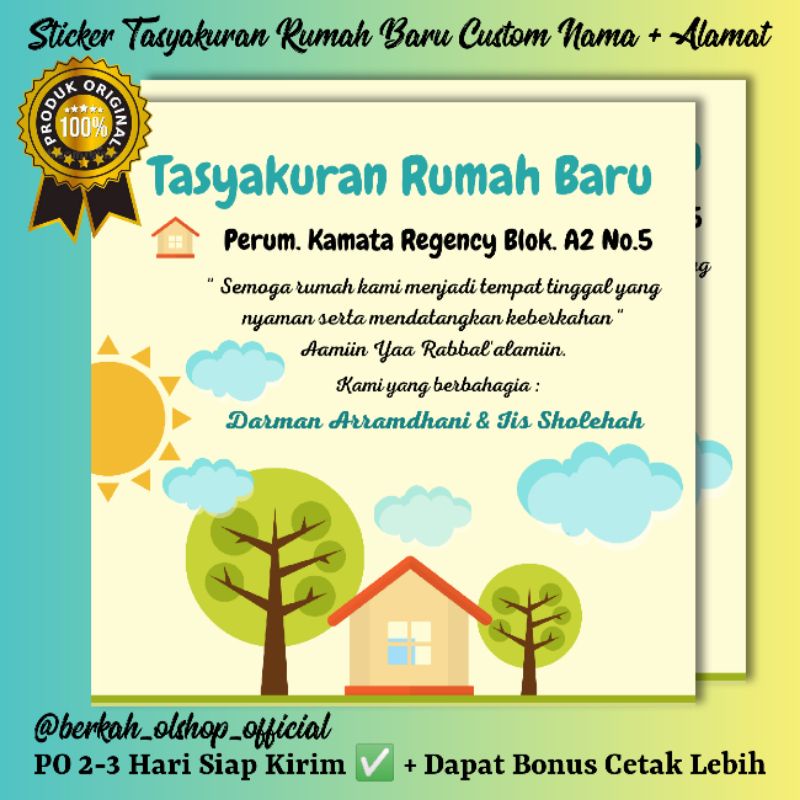 

Stiker Tasyakuran Rumah Baru Custom Nama & Alamat ( 10x10 Cm Bonus Cetak Lebih ) - Stiker Box Nasi