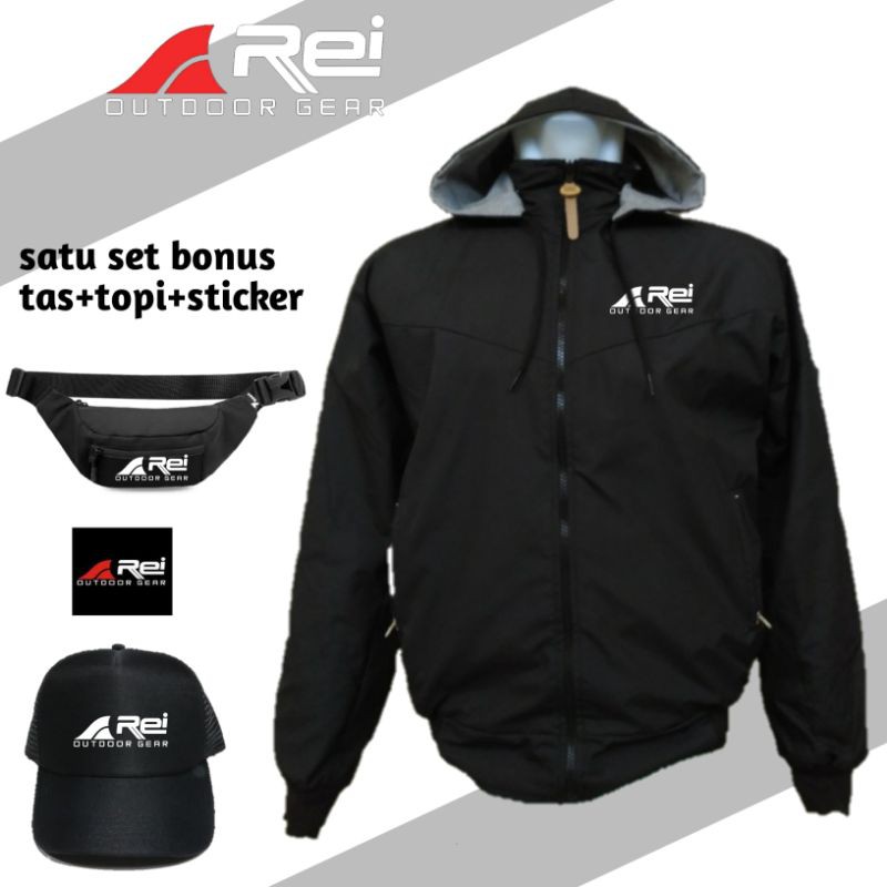JAKET parasut Rei anti air hitam. 1set bonus tas+topi dan stiker
