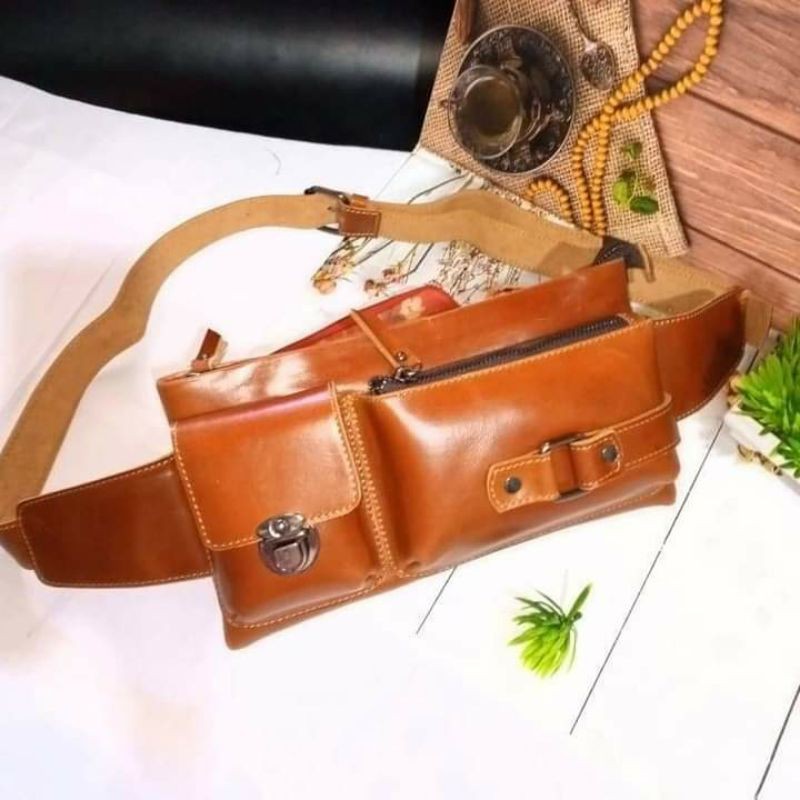 Tas Selempang Pinggang Pria Waist Bag Slingbag Sling bag Kulit sapi Asli Pull up murah berkualitas