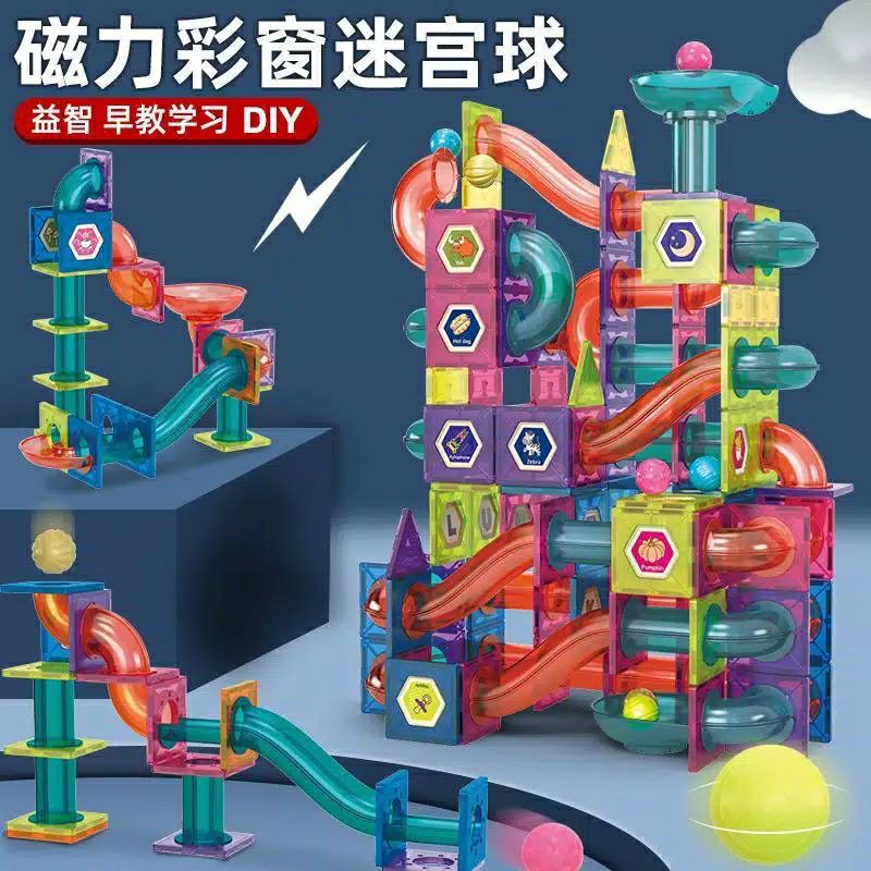 MAINAN EDUKASI MAGWORLD MAGNET MAGNETILES + MARBLE RUN SET 77 PCS