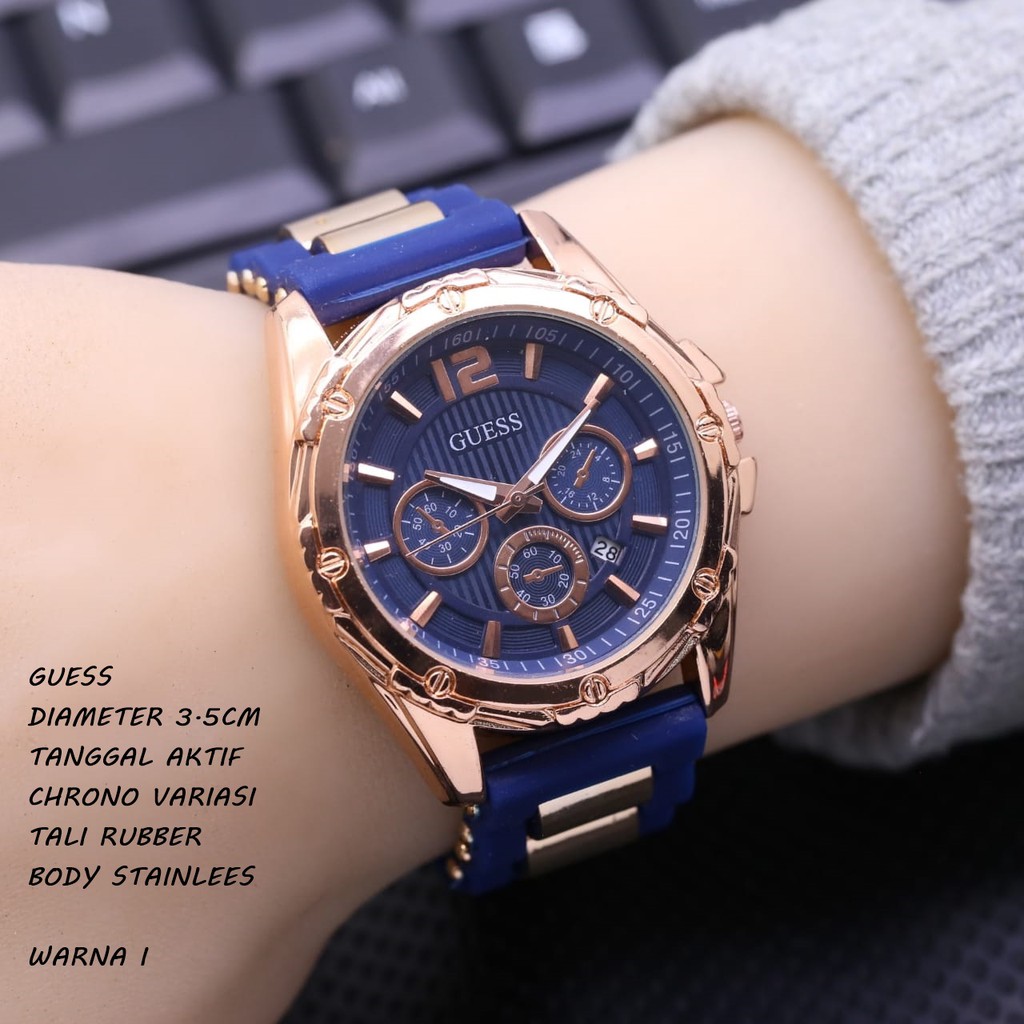 Jam Tangan Wanita/Cewek Guess Tali Rubber Tanggal Aktif Chrono Variasi