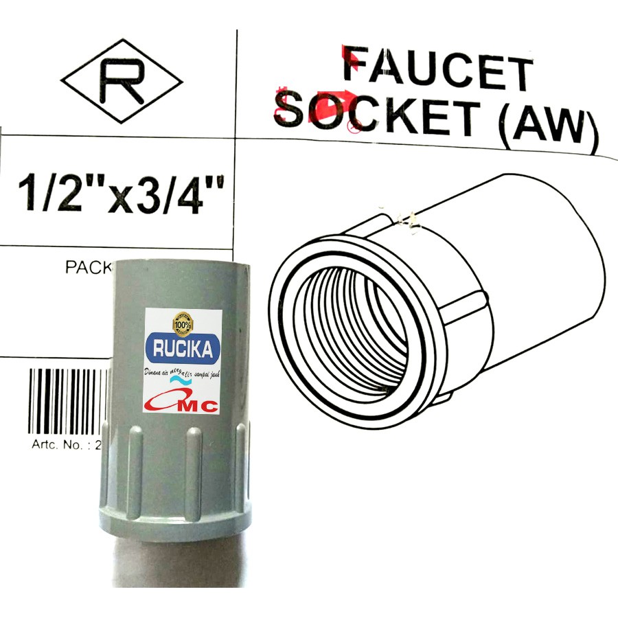 Sambungan Pralon Sock Sok Drat Dalam Faucet Socket 1/2 x 3/4 RUCIKA