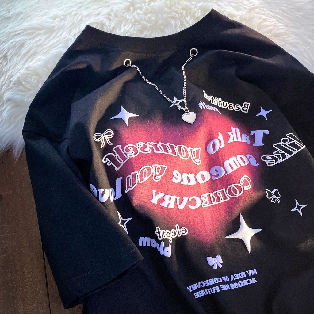 [littlecrab] Kaos Oversize Love Chain Talk To Yourself Like Someone You Love T-shirt Couple Unik With Additional Chain Kaos Timbul Berkualitas Aesthetic Tshirt Elegant Bloom Love Beautiful Street Style Korean Style