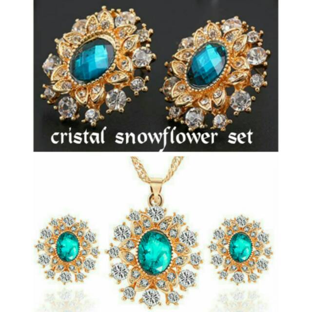Perhiasan crystal snowflower set kalung dan anting hijau tosca