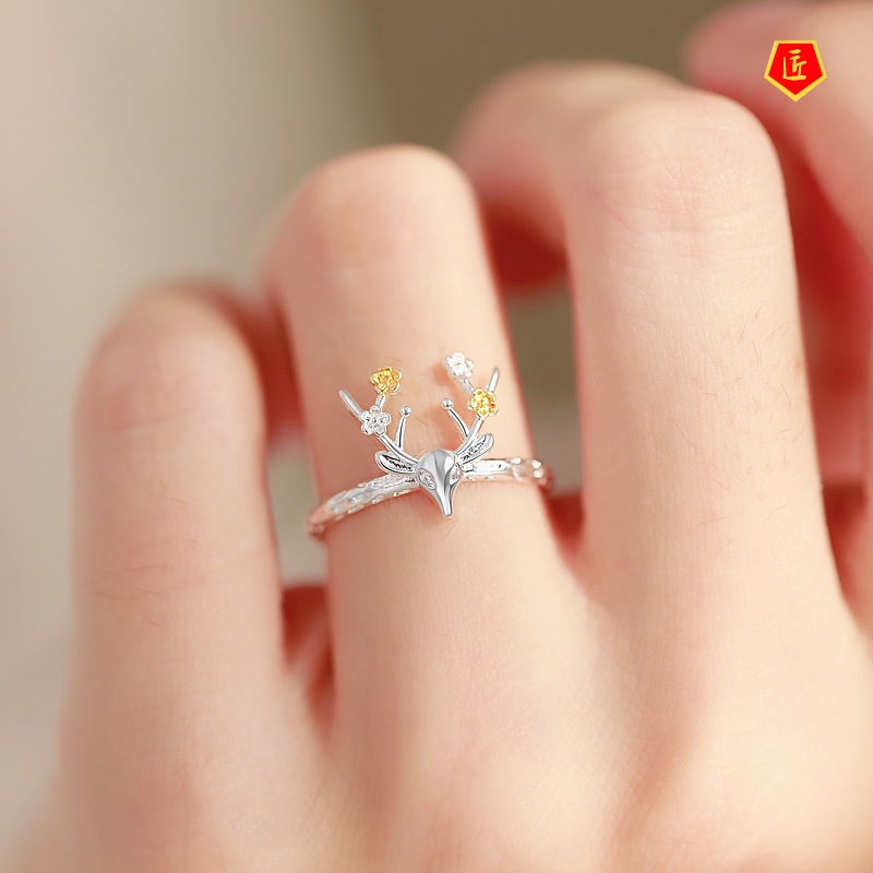 [Ready Stock]S925 Silver Flower Deer Ring Graceful Personality