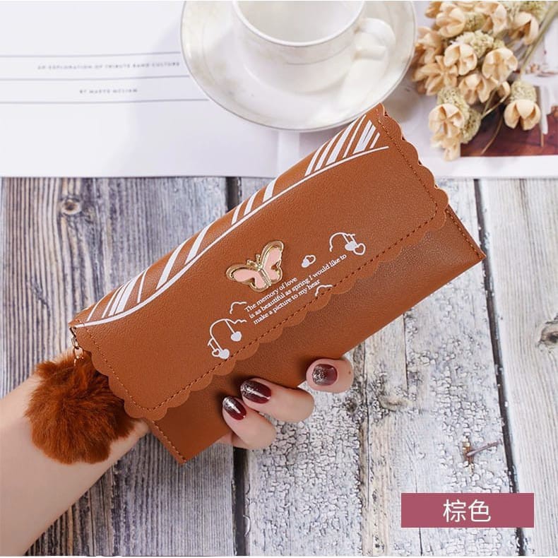 ♥TMALL88♥ Dompet Wanita Panjang Free Pom-Pom Dompet Wanita Import Real Pict