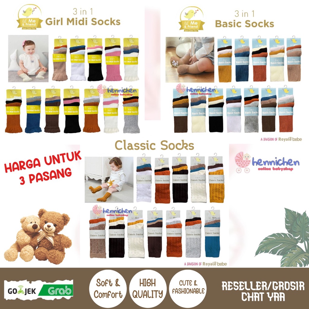 ROYALE BEBE 3IN1 CLASSIC SOCKS / BASIC SOCKS / GIRL MIDI SOCKS KAOS KAKI ISI 3 PASANG