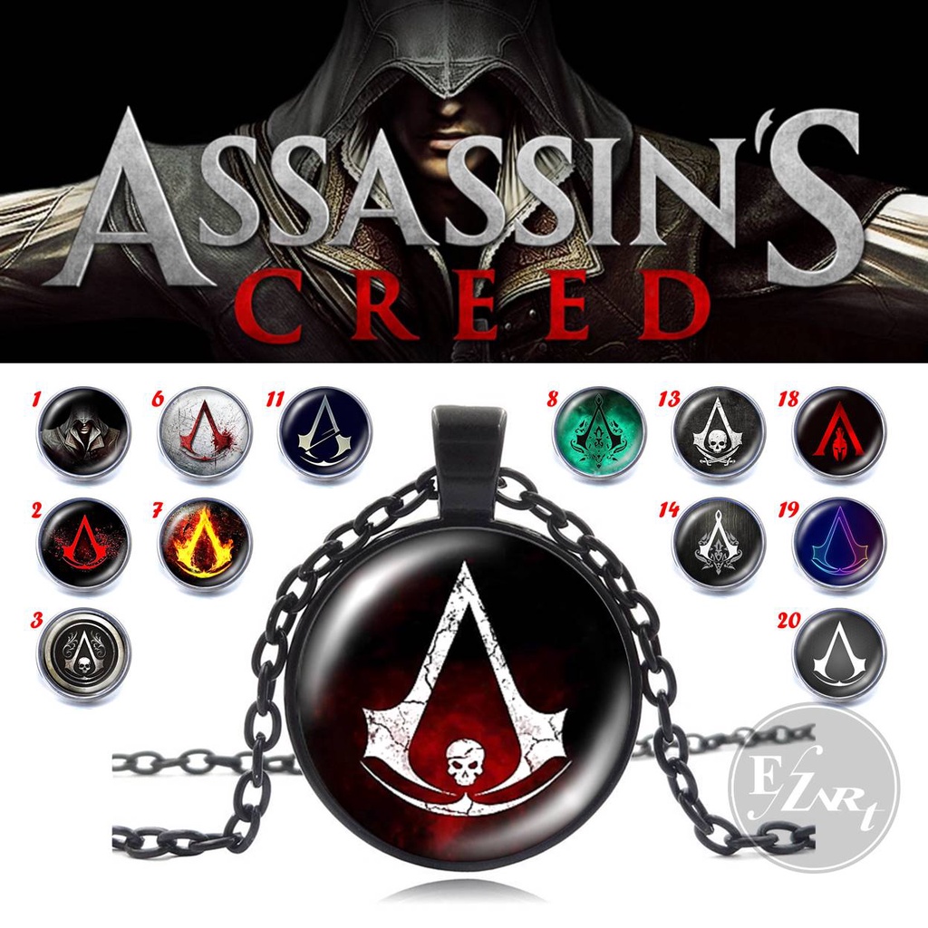 KALUNG LIONTIN GAMER COSPLAY GAME ASSASSIN CREED ICON BADGE SYMBOL LOGO TALI KULIT RANTAI HITAM