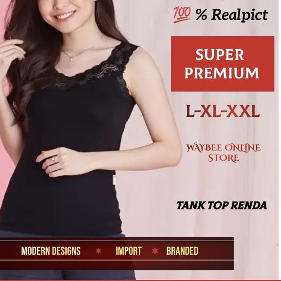 ✪ Tank Top Tanktop Wanita L-XL-XXL Jumbo Tengtop Tali Renda Besar Lebar U-Neck Bahan Katun Spandek ♦