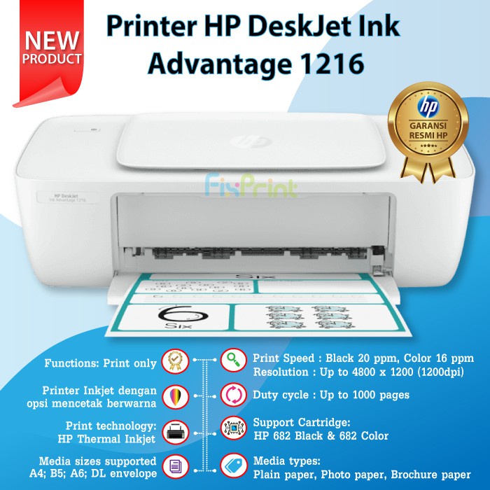 Printer HP DeskJet Ink Advantage 1216 with Cartridge Tinta 682 Black Color Pengganti HP 1112