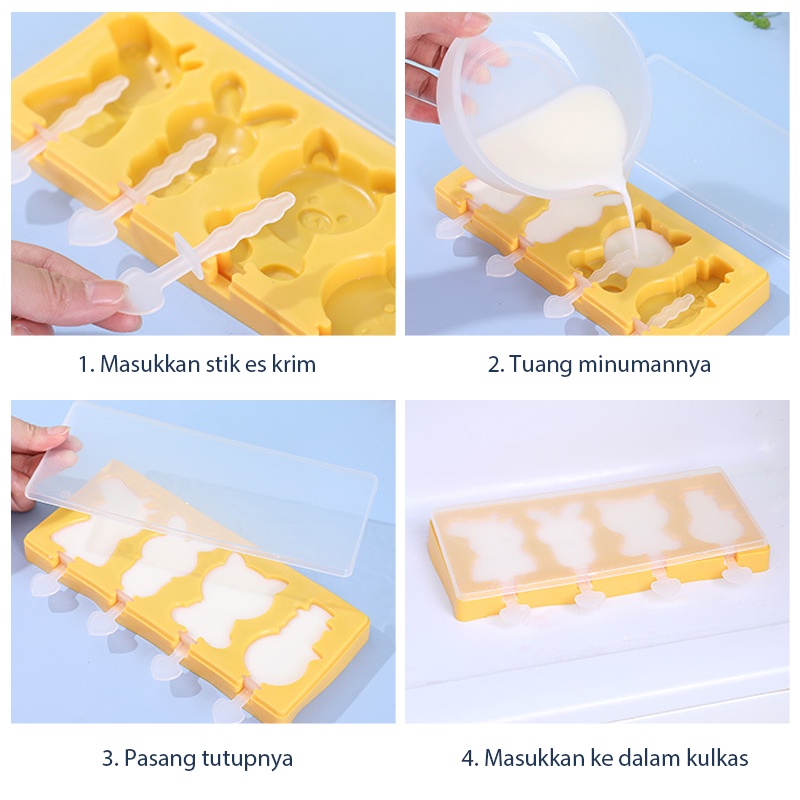 Cetakan Es Krim Pudding Silikon 4 Slot / Es Loli DIY Lucu Unik Bunga Love Kaki Penutup 3 Kotak Ice Cube Tray Cetakan Es Batu Ice