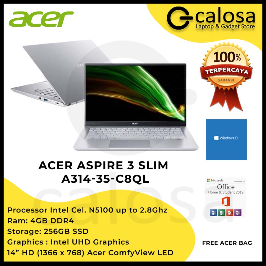 ACER Aspire 3 Slim A314 35 C8QL N5100 4GB SSD 256GB WIN10 OHS SILVER - FULL PAKET