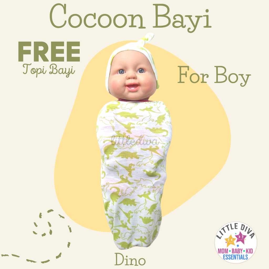 COCOON BABY WRAP Bedong Bayi Instant Green Dino FREE HEADWRAP ATAU TOPI Bedong Instan Newborn coocoon AKACHAN