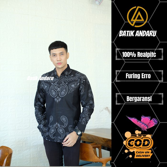 Atasan Hem Kemeja Baju Batik Pria Cowok Laki Laki Lengan Panjang Modern Lapis Furing Erro Kualitas Premium Warna Hitam Bahan Katun Primisima Terbaru