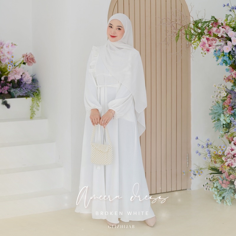 GlizHijab | Ameena Dress | Gamis Remaja Muslimah Terbaru Fashion Wanita Gamis Cringkle Ukuran XS - JUMBO-Putih tulang / BW