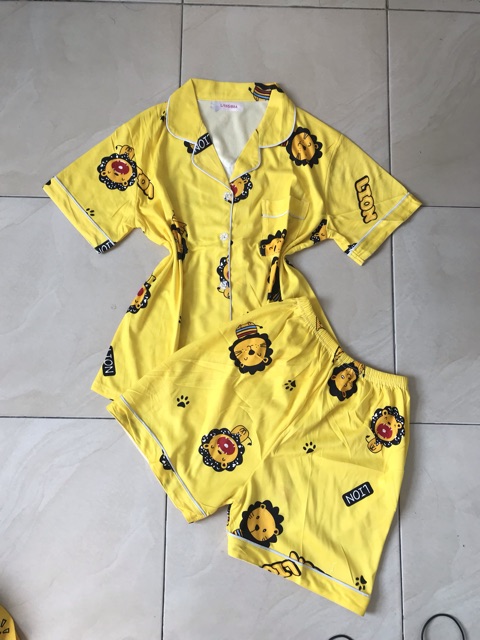 Piyama pdk katun motif lion yellow.pajamas/homewear/sleepwear katunpendek motif lion kuning kekinian