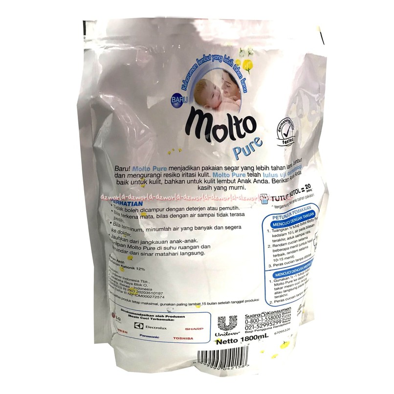 Molto Ultra Pure Pouch 1600ml Molto Pelembut Untuk Baju Pakaian Bayi Anak Molto Pure Kemasan Putih