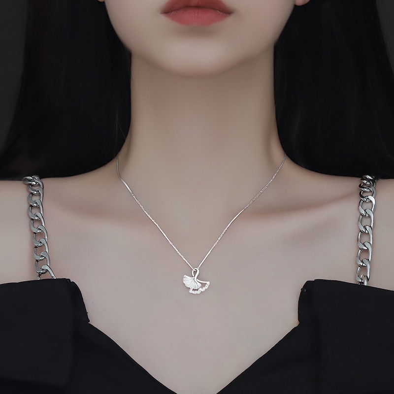 Kalung Rantai Liontin Daun Ginkgo Bahan S925 Silver Gaya Korea