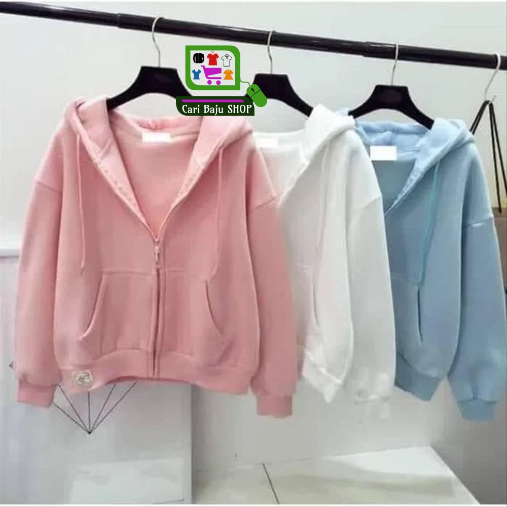 Jaket Bomber Hoodie Wanita Basic Polos - Putih