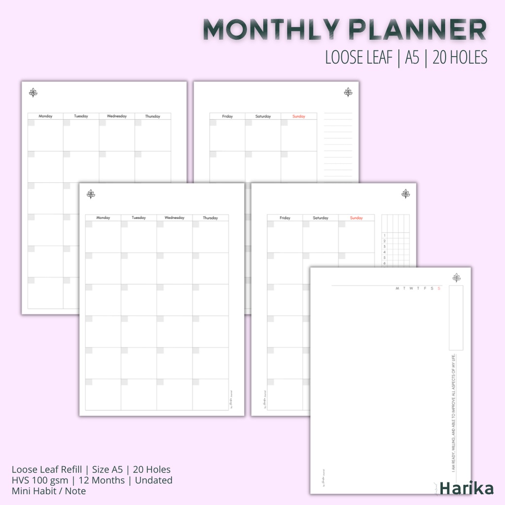 

Loose Leaf - Monthly Planner | Undated 1 Year | A5 - 20 holes