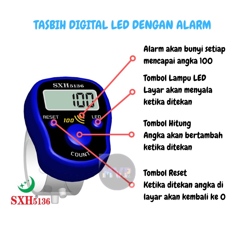 (Tanpa Kemasan) Tasbih Digital LED Alarm Tasbih Jari Zikir Digital Cincin