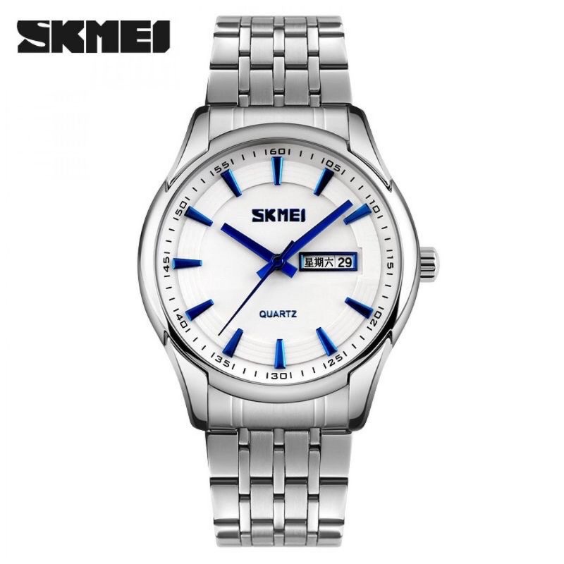 JAM TANGAN PRIA ANALOG SKMEI 9125 WHITE STEEL WATER RESIST 30M