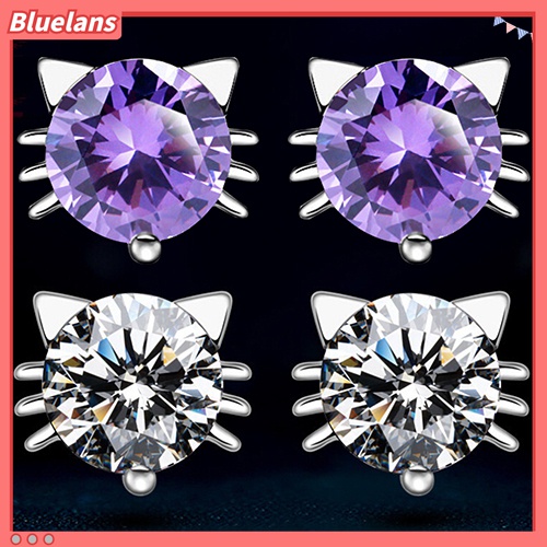 Anting Stud 925 Sterling Silver Bentuk Kucing Aksen Zirkon Untuk Perempuan