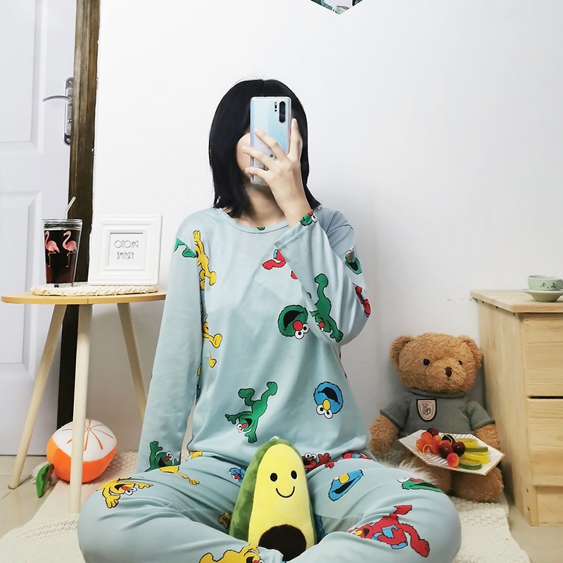 Setelan Lengan Panjang Piyama Baju Tidur Wanita Kartun Karakter Pajamas Dewasa set Piama Wanita-Blue Sesame